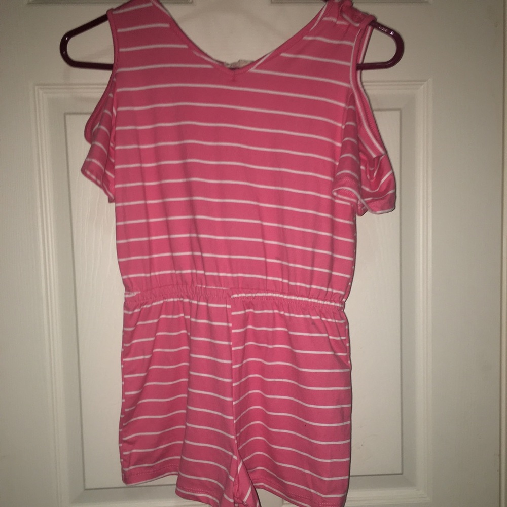 pink and white striped romper, size 12.